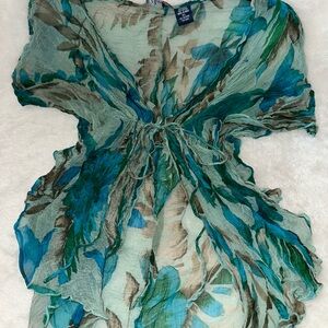 Sheer Teal Floral Tie-Waist Women Coverup